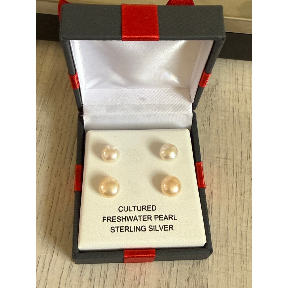 Cultured Freshwater Pearl Stud Earrings 2 Pair Sterling Silver - Picture 2 of 3